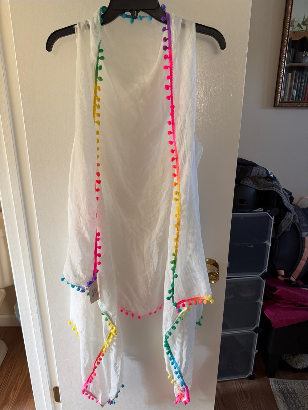 White Women’s Swim Coverup with Rainbow Pom Pom Trim
